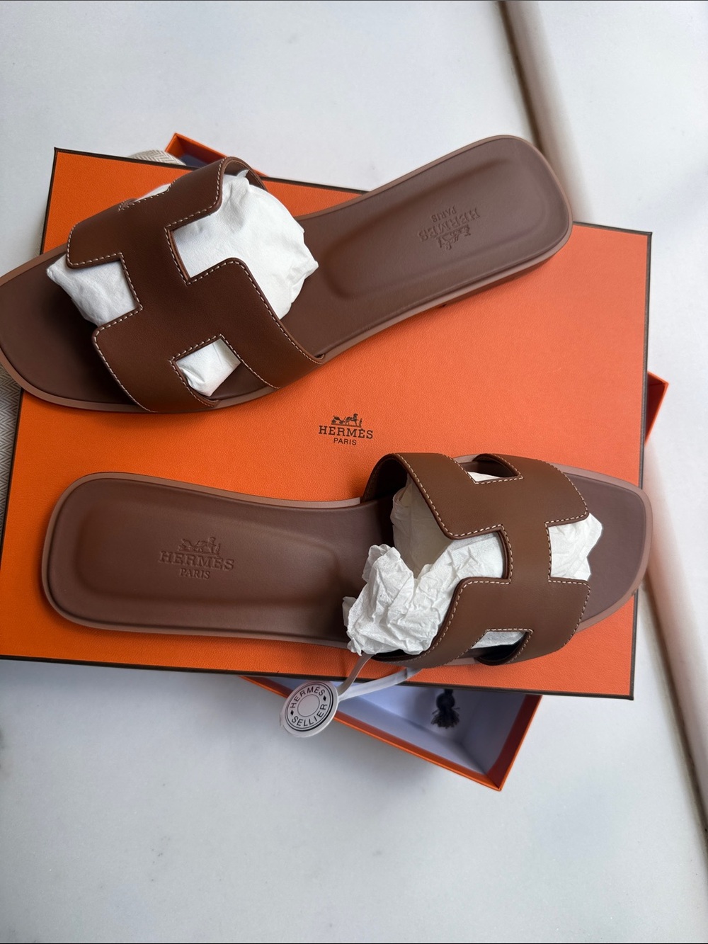 Hermes Brown Oran Leather Slide Sandals for Women